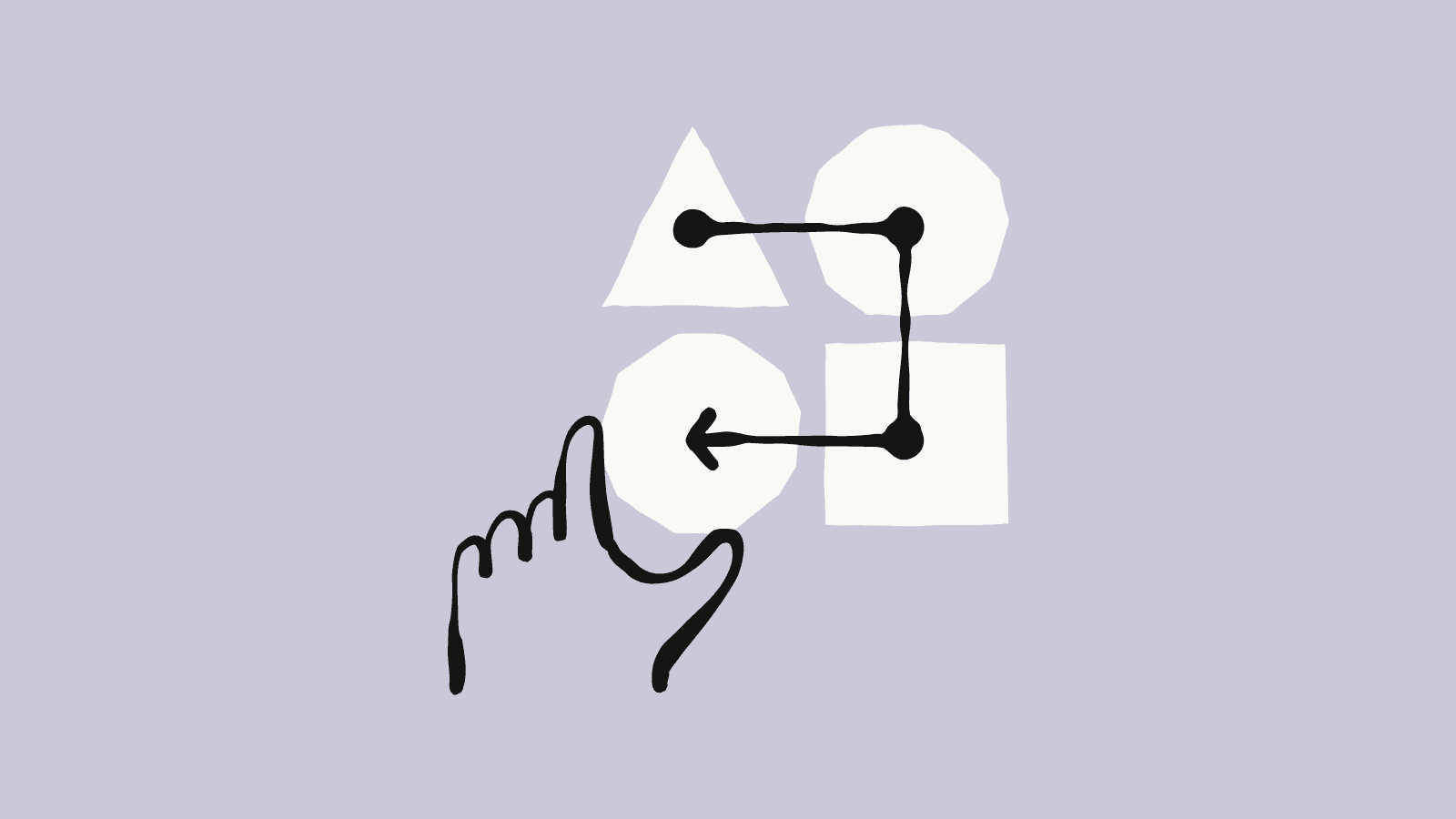 A hand routing between shapes along a marked path