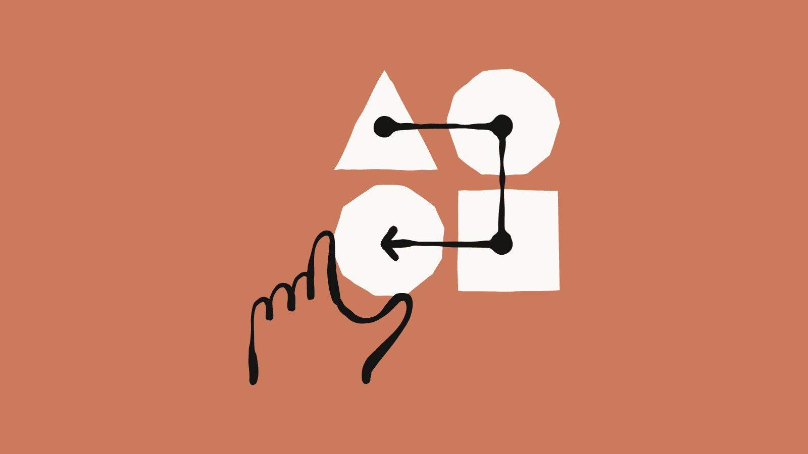 A hand routing between shapes along a marked path